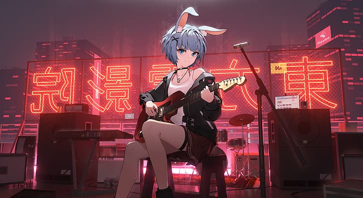 anime, anime girls, bunny ears, blue hair, blue eyes, guitar, HD wallpaper
