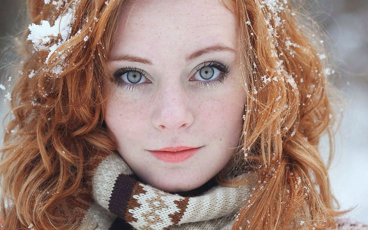redhead, snow, women, women outdoors, pale, scarf, face, Freyja Vanden Broucke