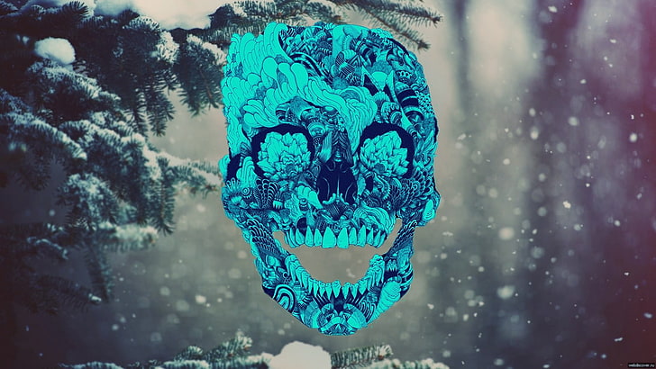 teal skull illustration, forest, digital art, winter, snow, close-up