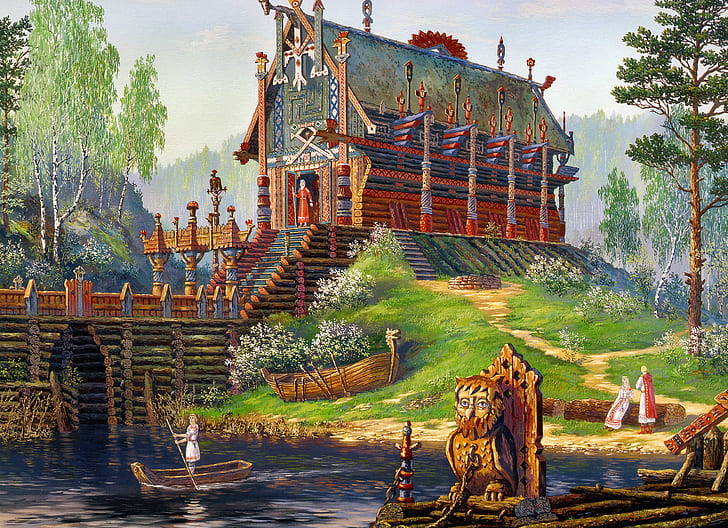 river, boat, spring, temple, painting, art, history, Vsevolod Ivanov, HD wallpaper
