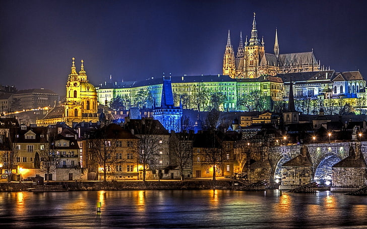 brown and gray cathedral, prague, night, lights, architecture