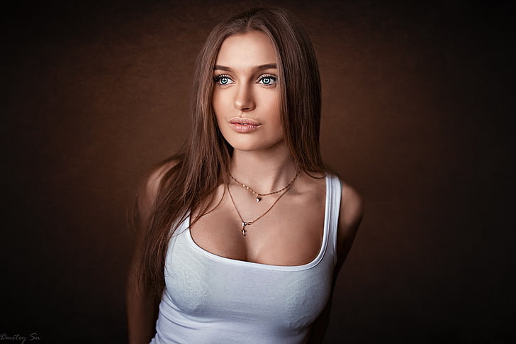 women's white tank top, portrait, simple background, necklace