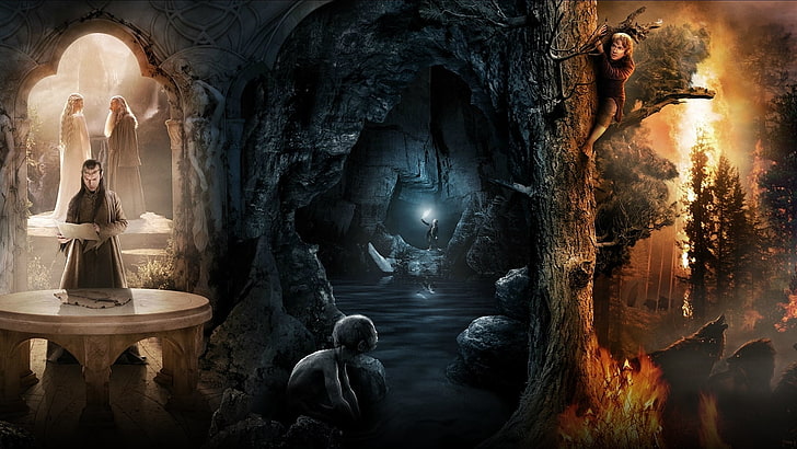cave and forest digital wallpaper, tree, fire, collage, the Lord of the rings