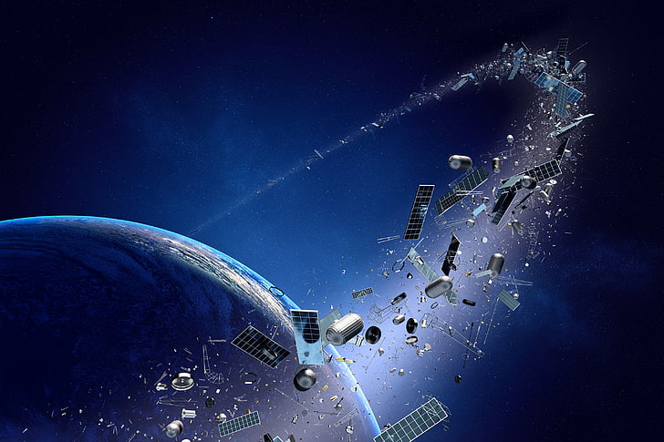 asteroid belt, metal, planet, technology, space junk, blue, sky, HD wallpaper