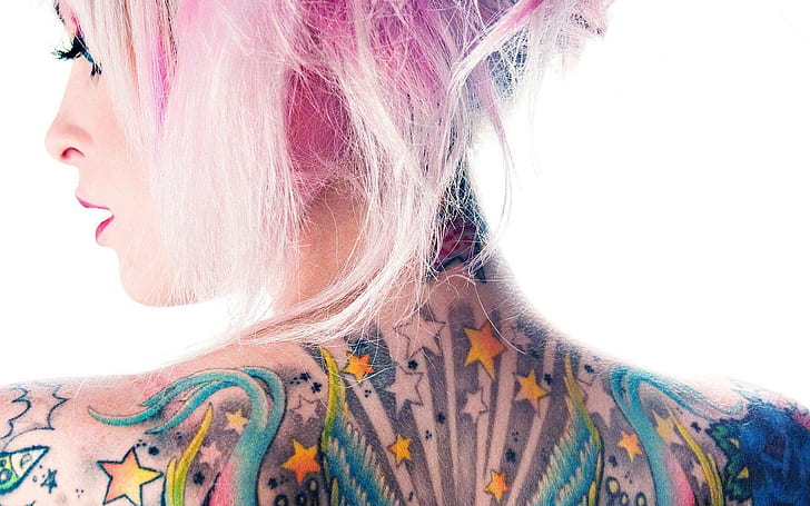 HD wallpaper: Colorful tattoos and pink hair, woman's back piece tattoo,  girls | Wallpaper Flare