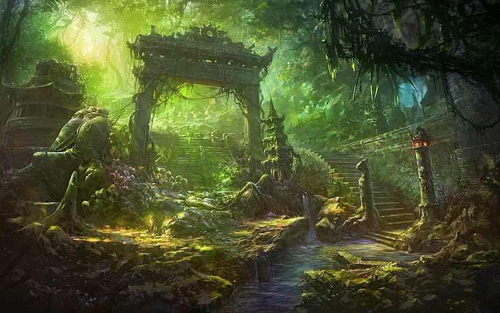 forest, ruin, fantasy art, jungle, HD wallpaper