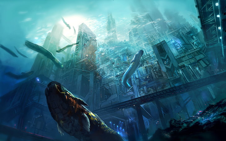 fantasy-themed underwater city illustration, artwork, concept art