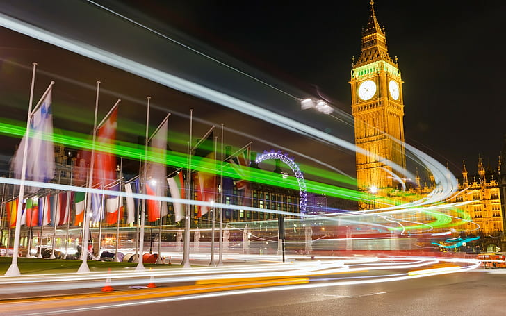 London, Big Ben, long exposure, clocktowers, flag, light trails, HD wallpaper