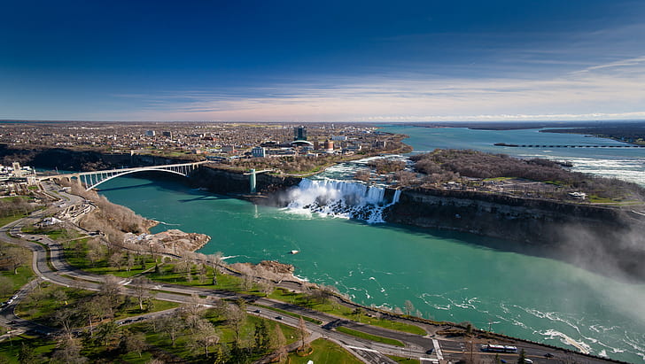 Niagara Falls, Ontario, Canada, aerial photograph, bridge, river, HD wallpaper