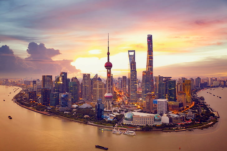 sunset, river, China, building, tower, home, Shanghai, skyscrapers, HD wallpaper