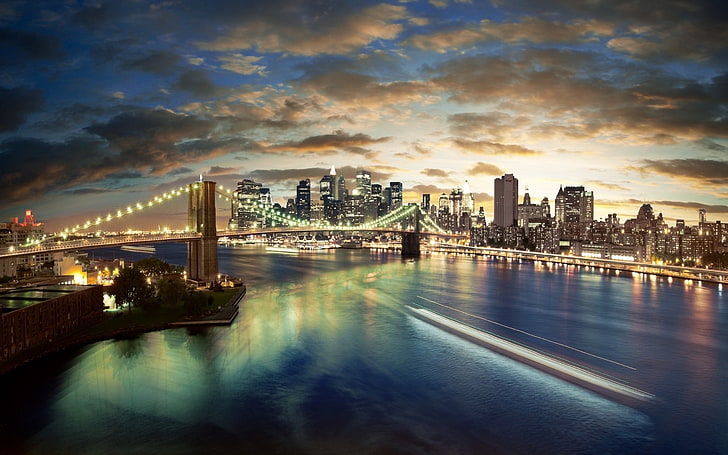 Brooklyn Bridge at night timw, new york, night lights, city, river, HD wallpaper