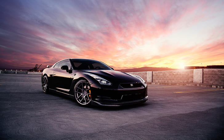 Nissan GT-R black car at sunset, HD wallpaper