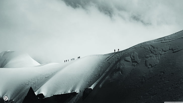 silhouette of people walking on mountain digital wallpaper, landscape