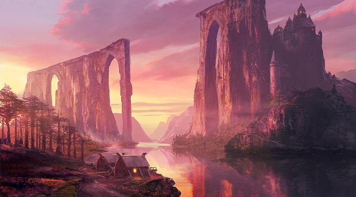 fantasy art, artwork, landscape, castle, sky, water, sunset, HD wallpaper