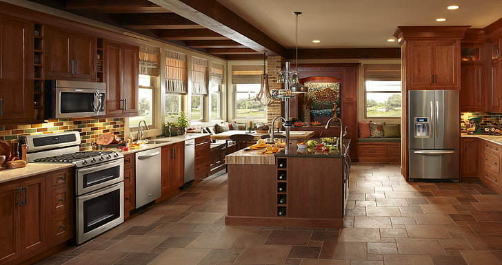 brown wooden kitchen island, style, table, tree, technique, refrigerator