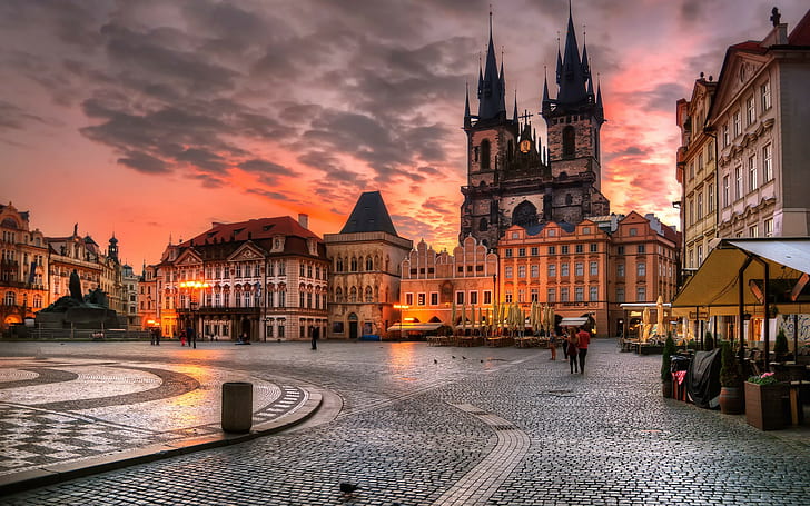 cathedral, evening, cityscape, cafes, town square, people, Prague