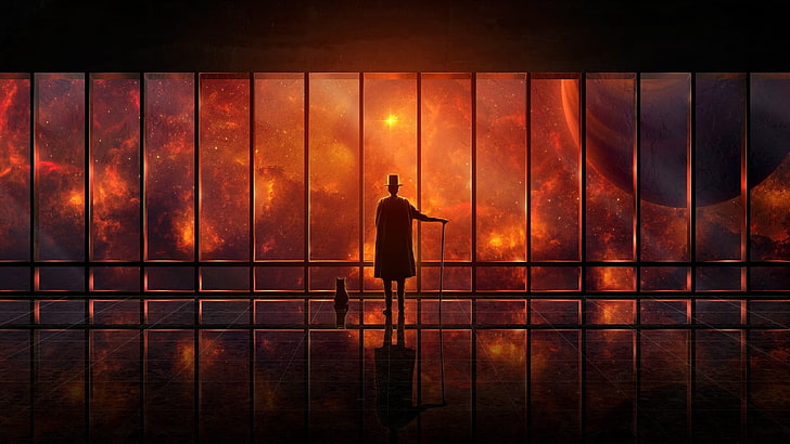man in coat standing in front of glass window wallpaper, space, HD wallpaper