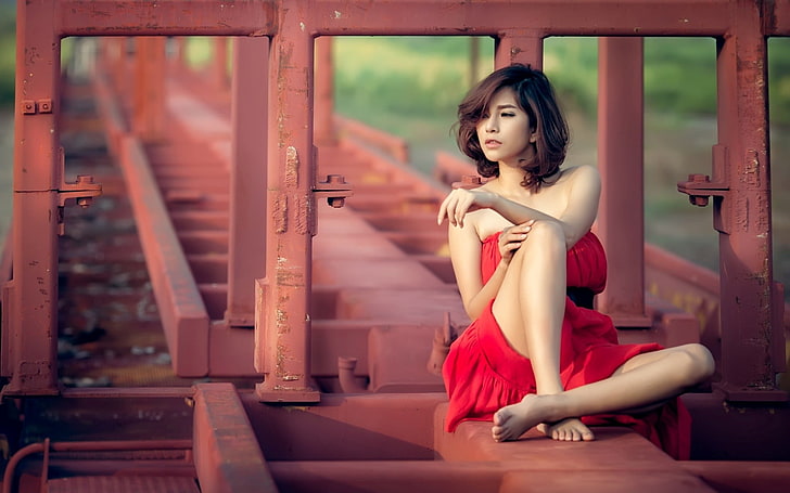 women's red strapless dress, Asian, brunette, women outdoors