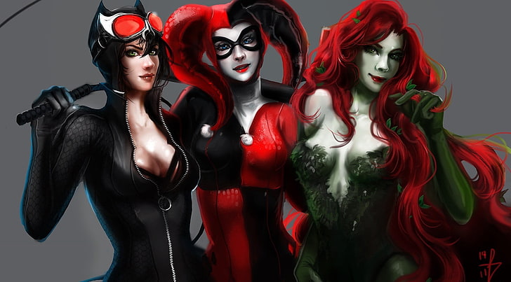 Harley Quinn, Poison Ivy, and Cat Woman illustration, fantasy art