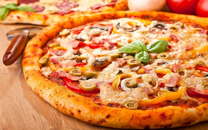 baked pizza, basil, cheese, vegetables, food, tomato, dinner, HD wallpaper