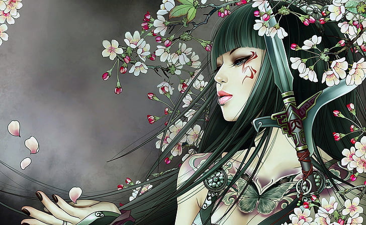 girl, sword, fantasy, weapon, blue eyes, butterfly, flowers, HD wallpaper