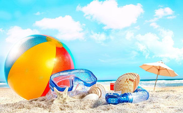 Summer Holiday, yellow, red, and blue beach ball, Seasons, Summertime, HD wallpaper