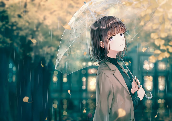 Anime, Original, Black Hair, Fall, Girl, Purple Eyes, Rain, HD wallpaper