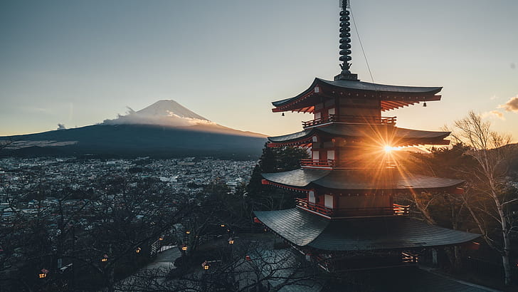 landscape, mountains, sunlight, Japan, architecture, pagoda, HD wallpaper