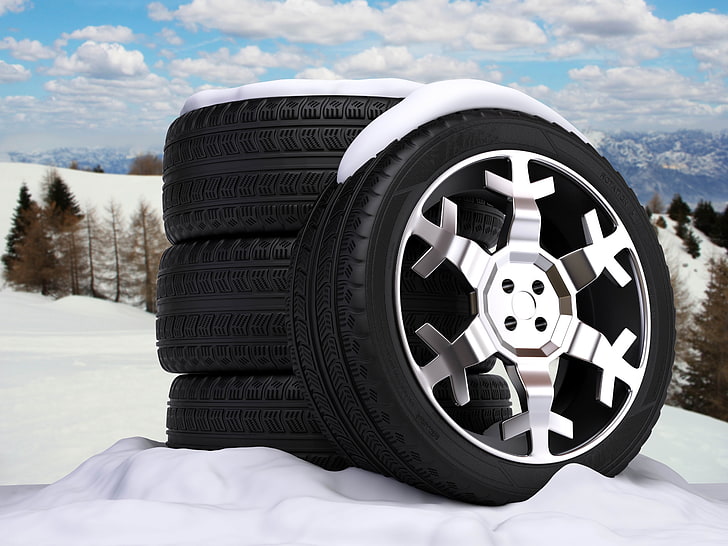 four black rubber tires, nature, abstraction, background, winter, HD wallpaper