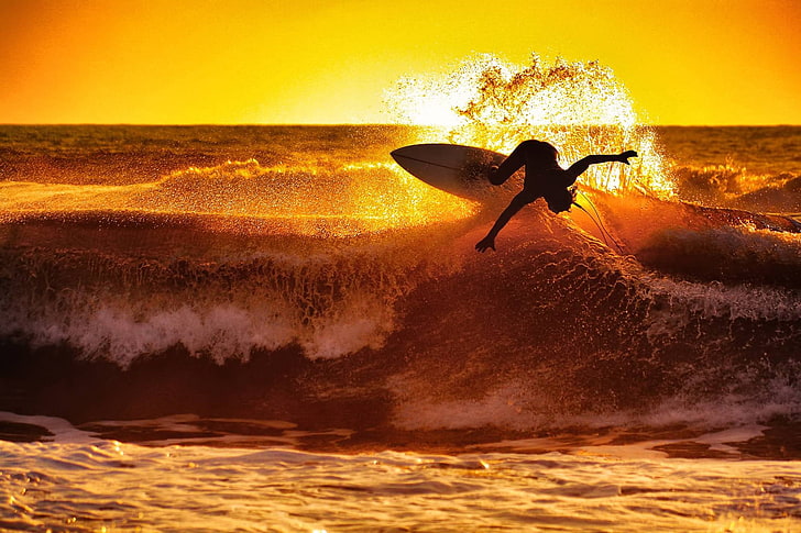 white surfboard, surfing, waves, sunset, sport, water, sea, motion, HD wallpaper