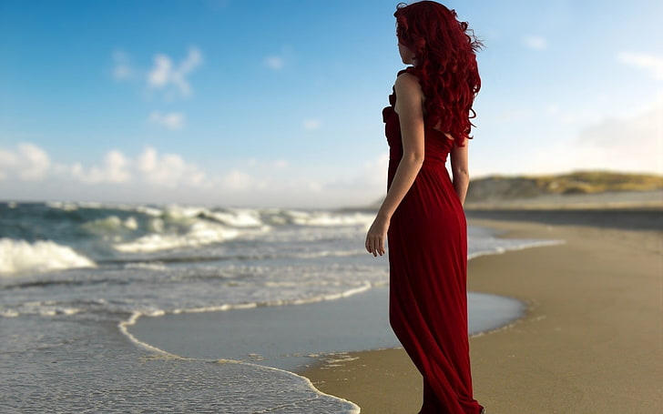 woman wearing red dress, redhead, beach, sea, water, land, adult