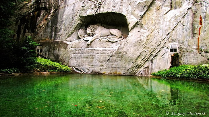 sculpture, pond, Latin, statue, lion, Lion of Lucerne, water, HD wallpaper