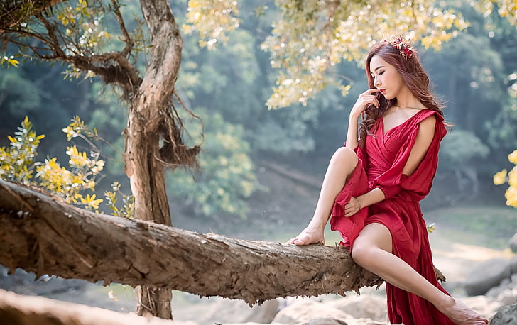 Asian, women outdoors, trees, legs, model, branch, red, redhead