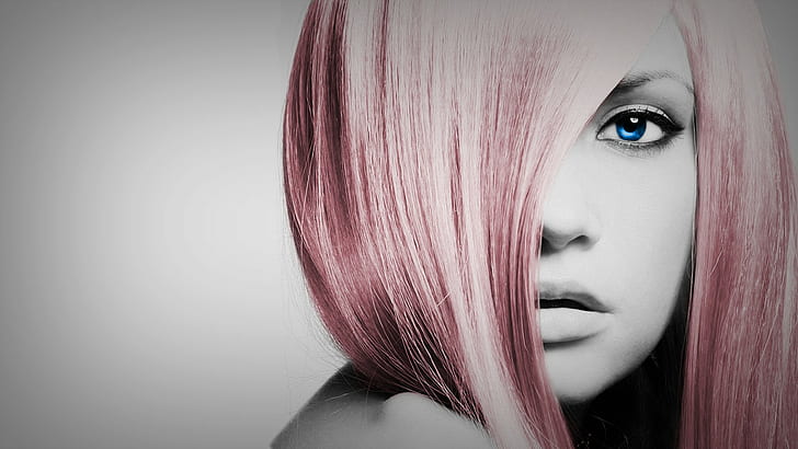 women, eyes, dyed hair, selective coloring, simple background