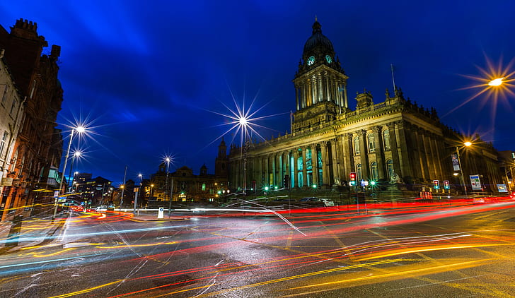 Leeds, England, street, sky, lights, house, tower, dome, night, HD wallpaper