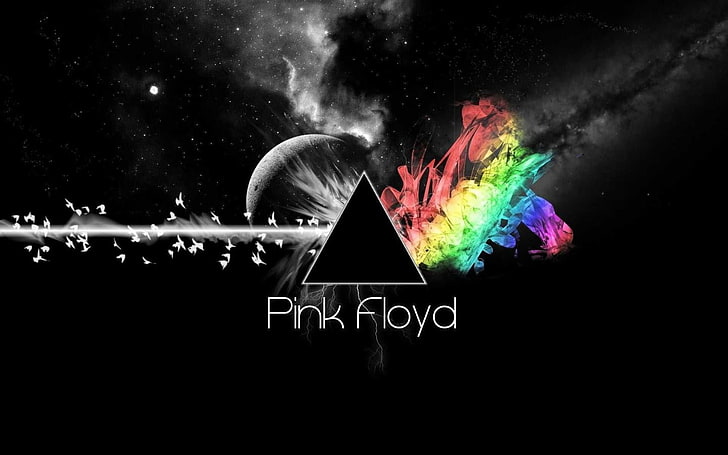 Pink Floyd logo, triangle, selective coloring, digital art, text