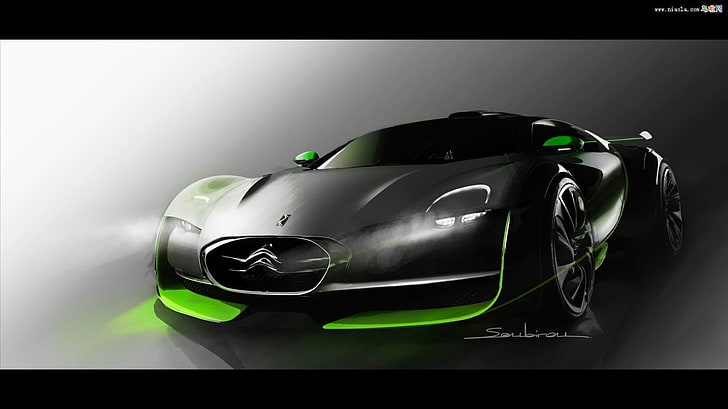 black and green luxury car, concept cars, indoors, helmet, studio shot, HD wallpaper