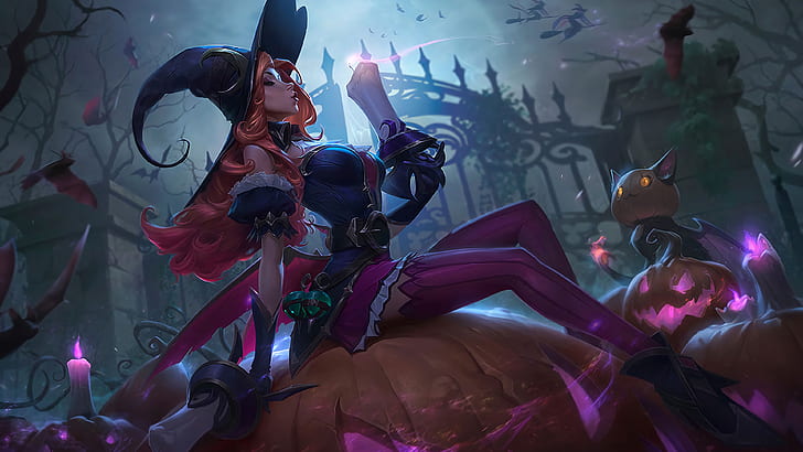 Halloween, fire, fantasy, game, stockings, night, redhead, League of Legends