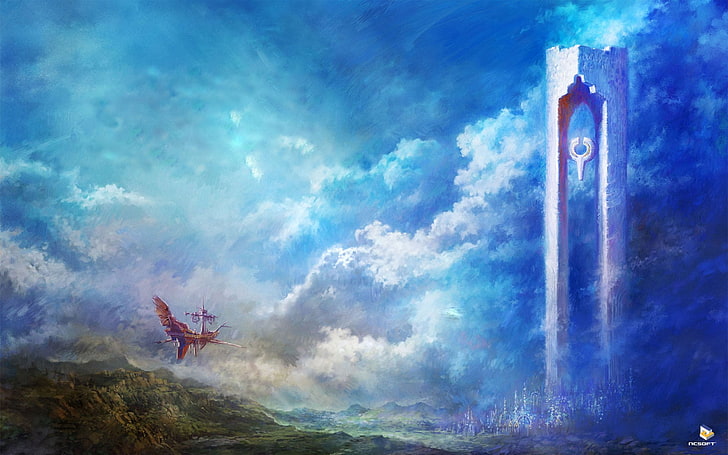 digital painting of ship and tower, fantasy art, Aion, video games