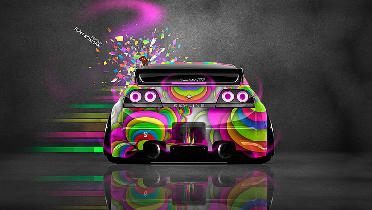 black, green, and pink car illustration, Neon, Toy, Style, Nissan