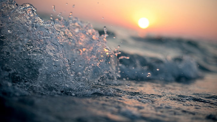 wave, selective focus photography of water splash during sundown