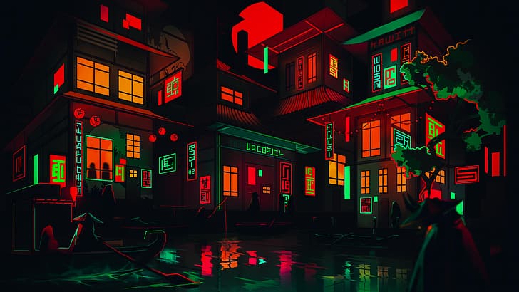 neon, Asian, digital art, artwork