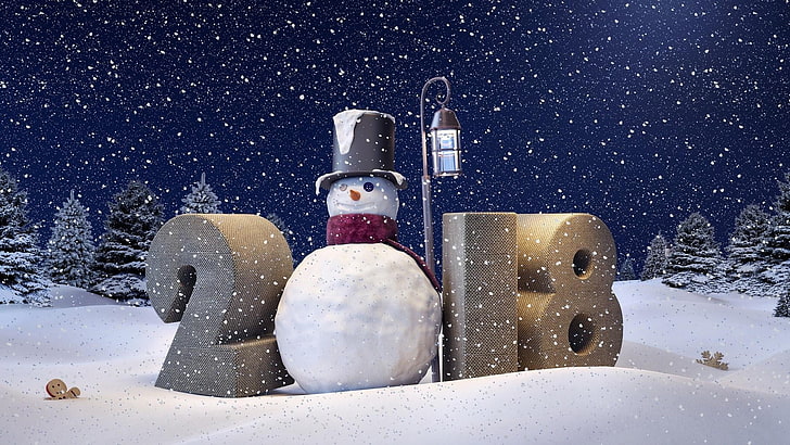 2018, snowman, snowfall, snowing, lantern, winter, freezing, HD wallpaper