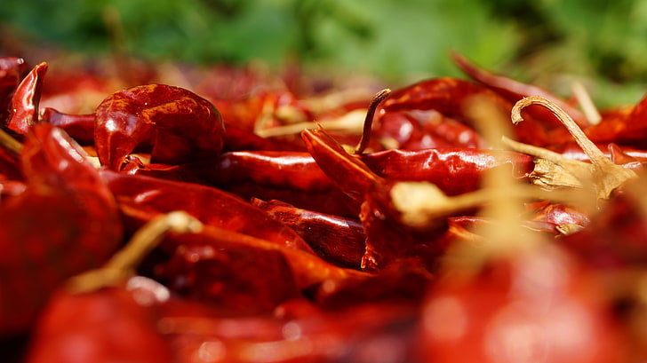 red, chilli peppers, spices, food and drink, selective focus