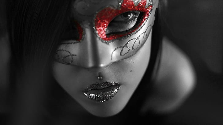 face, selective coloring, mask, women, piercing, glitter