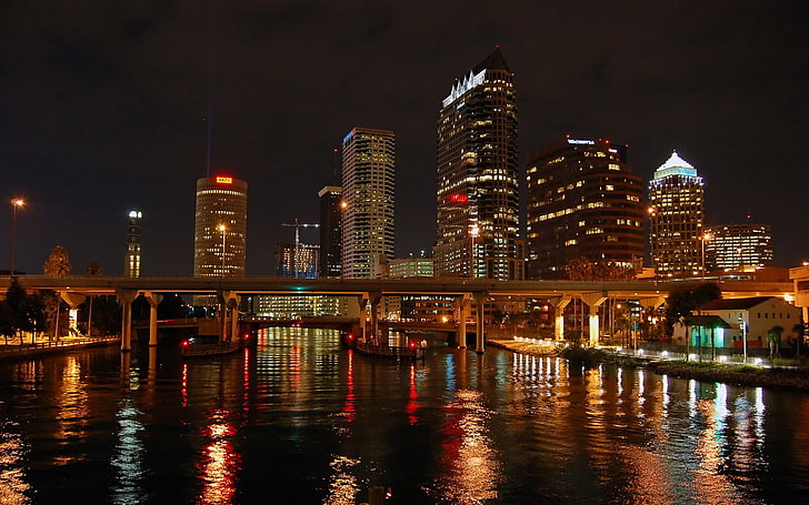 cityscape, building, bridge, lights, river, reflection, Tampa, HD wallpaper