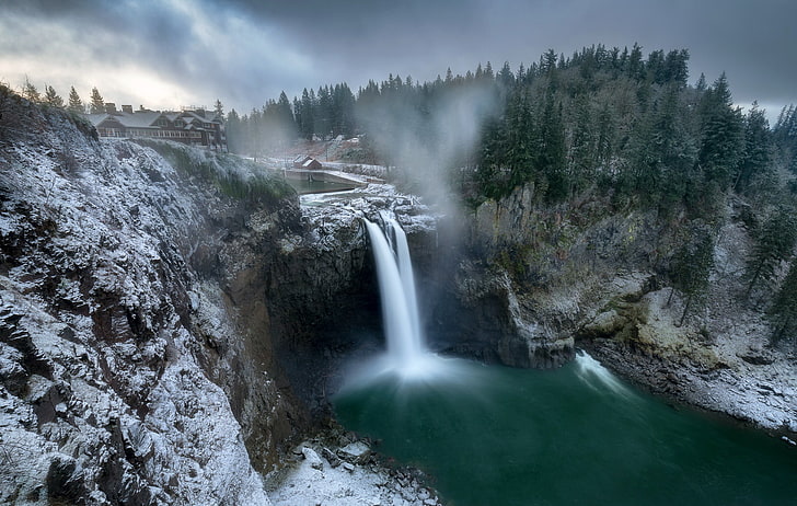 aerial view of waterfalls, winter, Washington, Snoqualmie Falls, HD wallpaper