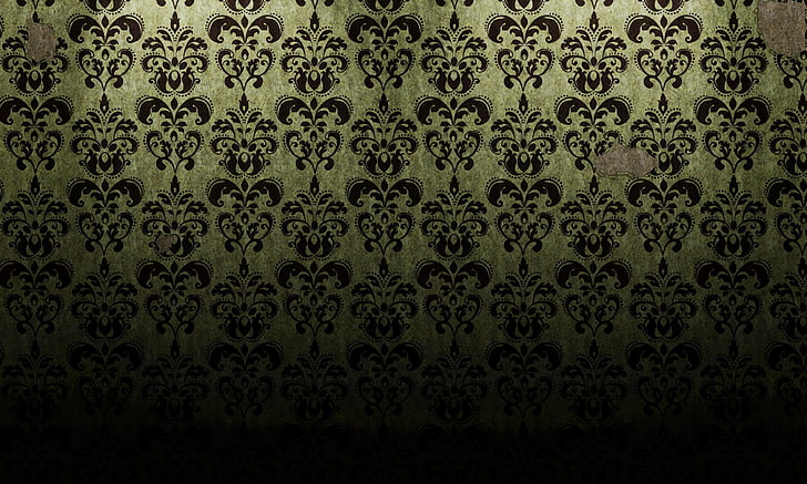white and black floral textile, pattern, yellow, vintage, backgrounds, HD wallpaper