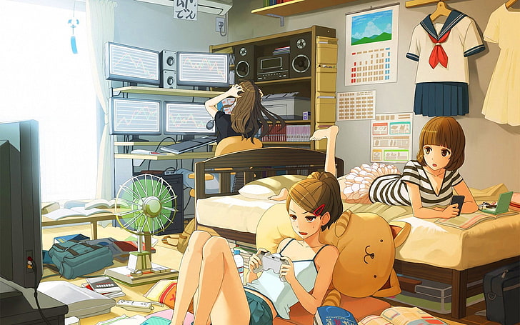 anime wallpaper, women, school uniform, computer, brunette, room, HD wallpaper