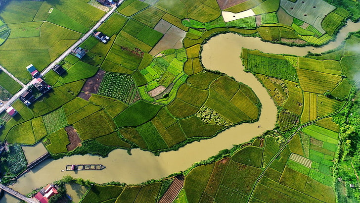 aerial view, landscape, river, road, flood, house, field, Vietnam, HD wallpaper